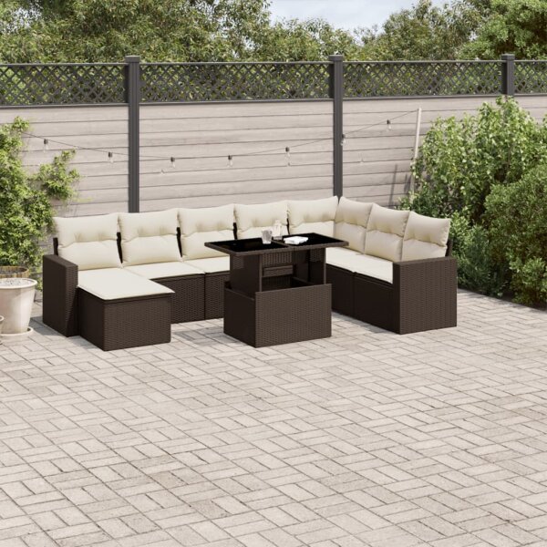 vidaXL 9-tlg. Garten-Sofagarnitur mit Kissen Braun Poly Rattan