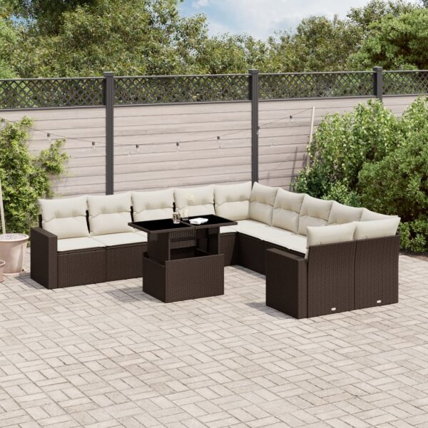 vidaXL 11-tlg. Garten-Sofagarnitur mit Kissen Braun Poly Rattan