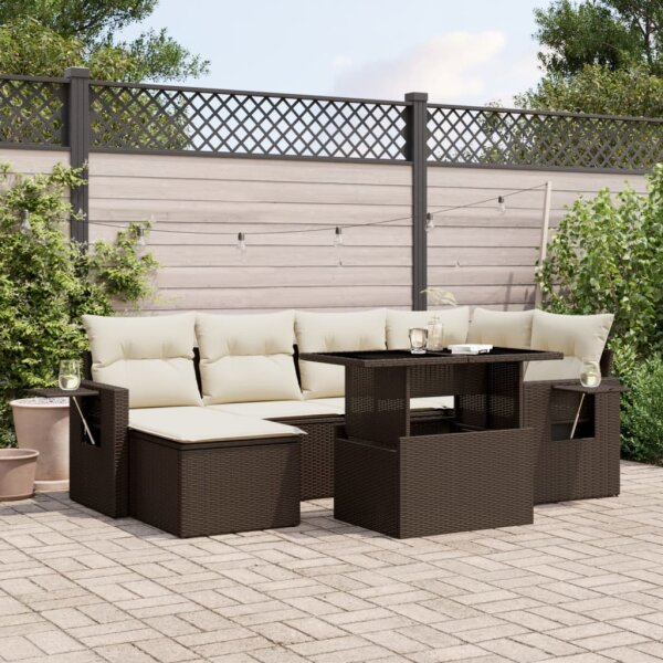 vidaXL 7-tlg. Garten-Sofagarnitur mit Kissen Braun Poly Rattan