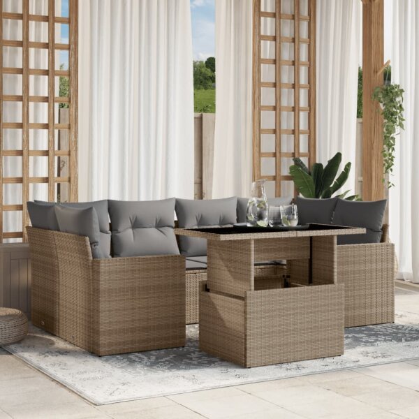 vidaXL 7-tlg. Garten-Sofagarnitur mit Kissen Beige Poly Rattan