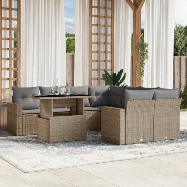 vidaXL 9-tlg. Garten-Sofagarnitur mit Kissen Beige Poly Rattan