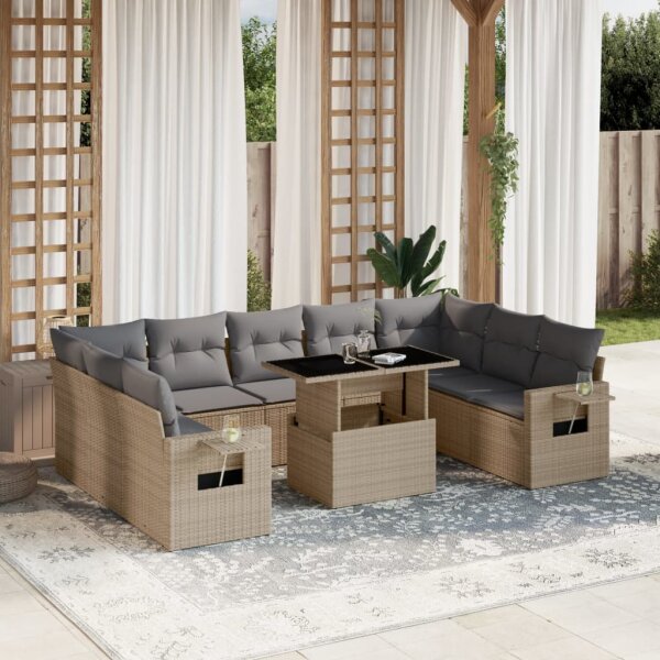 vidaXL 10-tlg. Garten-Sofagarnitur mit Kissen Beige Poly Rattan