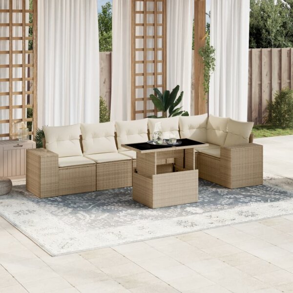 vidaXL 7-tlg. Garten-Sofagarnitur mit Kissen Beige Poly Rattan