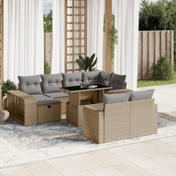 vidaXL 11-tlg. Garten-Sofagarnitur mit Kissen Beige Poly Rattan