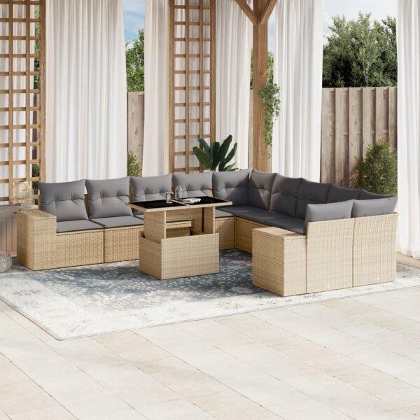 vidaXL 11-tlg. Garten-Sofagarnitur mit Kissen Beige Poly Rattan