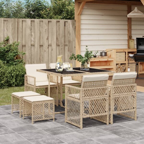 vidaXL 9-tlg. Garten-Essgruppe mit Kissen Beige Poly Rattan