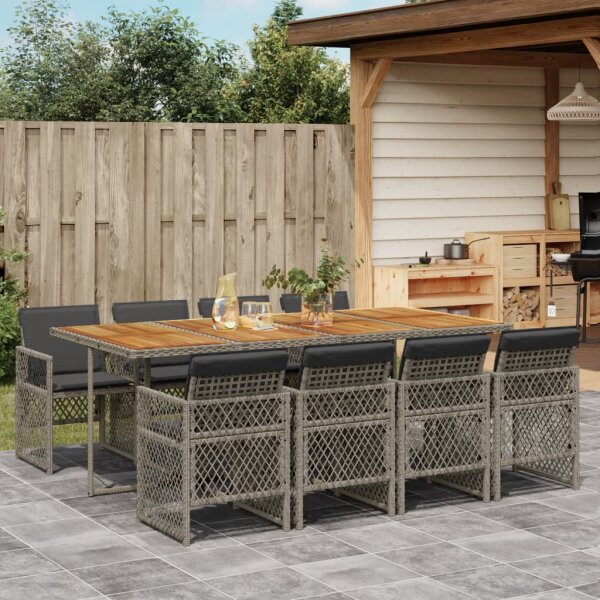 vidaXL 9-tlg. Garten-Essgruppe mit Kissen Grau Poly Rattan