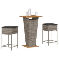 vidaXL 3-tlg. Gartenbar-Set mit Kissen Grau Poly Rattan