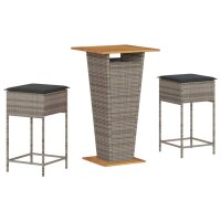 vidaXL 3-tlg. Gartenbar-Set mit Kissen Grau Poly Rattan