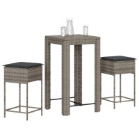 vidaXL 3-tlg. Gartenbar-Set mit Kissen Grau Poly Rattan