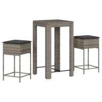 vidaXL 3-tlg. Gartenbar-Set mit Kissen Grau Poly Rattan