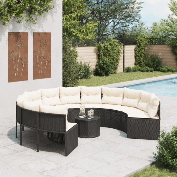 vidaXL Gartensofa mit Tisch und Kissen Rund Schwarz Poly-Rattan