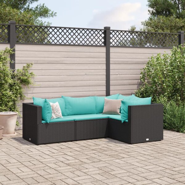 vidaXL 4-tlg. Garten-Lounge-Set mit Kissen Schwarz Poly Rattan