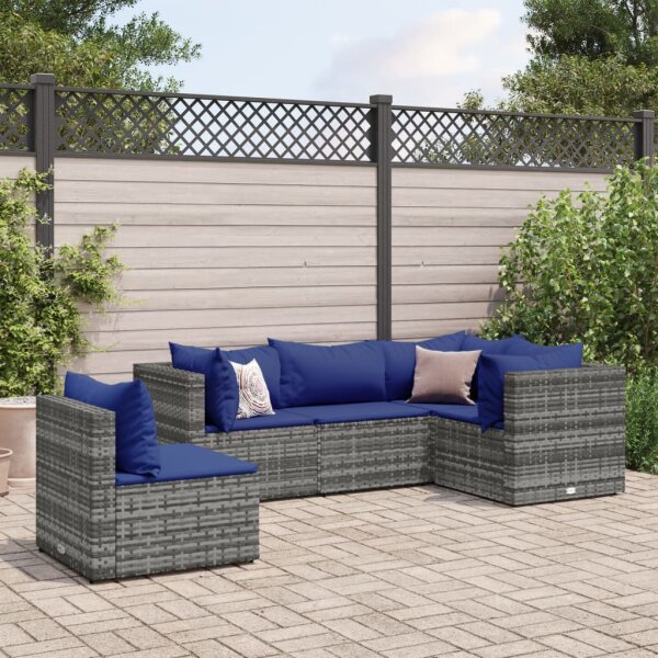 vidaXL 5-tlg. Garten-Lounge-Set mit Kissen Grau Poly Rattan