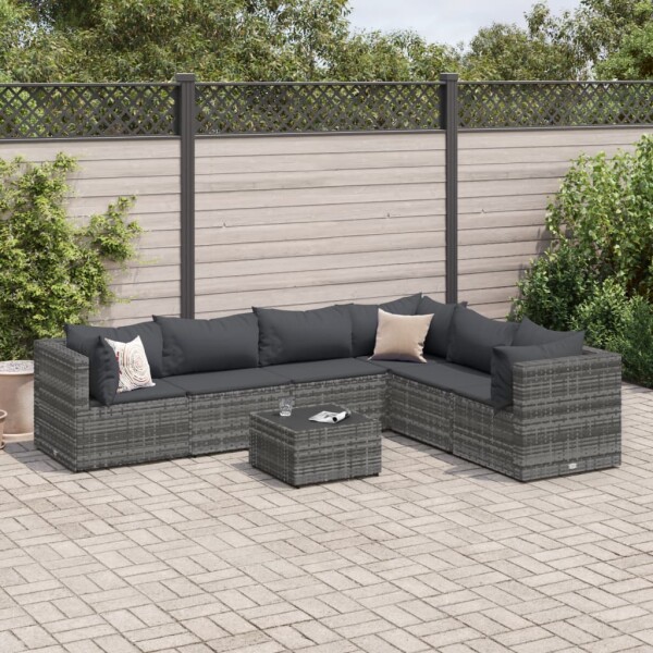 vidaXL 7-tlg. Garten-Lounge-Set mit Kissen Grau Poly Rattan