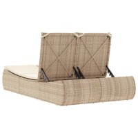 vidaXL Doppel-Sonnenliege mit Auflagen Beige Poly Rattan