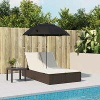 vidaXL Doppel-Sonnenliege mit Kissen &amp; Sonnenschirm Braun Poly Rattan