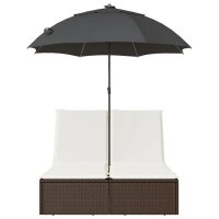 vidaXL Doppel-Sonnenliege mit Kissen &amp; Sonnenschirm Braun Poly Rattan