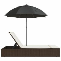 vidaXL Doppel-Sonnenliege mit Kissen &amp; Sonnenschirm Braun Poly Rattan