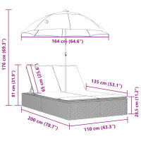 vidaXL Doppel-Sonnenliege mit Kissen &amp; Sonnenschirm Braun Poly Rattan