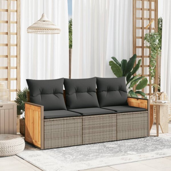 vidaXL 3-tlg. Garten-Sofagarnitur mit Kissen Grau Poly Rattan