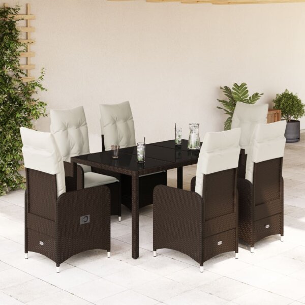 vidaXL 7-tlg. Garten-Bistro-Set mit Kissen Braun Poly Rattan