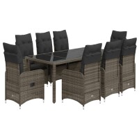 vidaXL 9-tlg. Garten-Bistro-Set mit Kissen Grau Poly Rattan