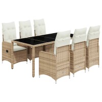 vidaXL 7-tlg. Garten-Bistro-Set mit Kissen Beige Poly Rattan