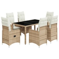 vidaXL 7-tlg. Garten-Bistro-Set mit Kissen Beige Poly Rattan