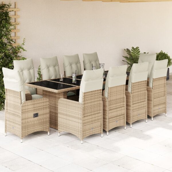 vidaXL 11-tlg. Garten-Bistro-Set mit Kissen Beige Poly Rattan