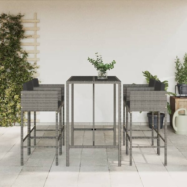 vidaXL 5-tlg. Gartenbar-Set mit Kissen Grau Poly Rattan