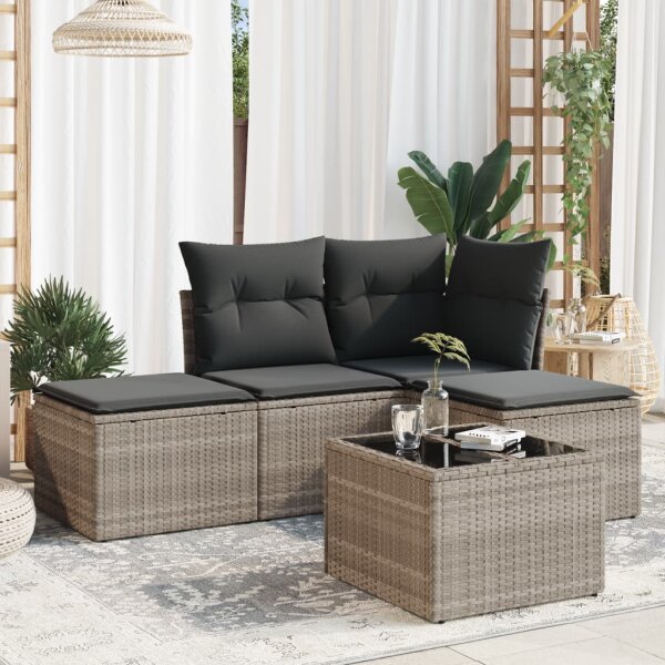 vidaXL 5-tlg. Garten-Sofagarnitur mit Kissen Hellgrau Poly Rattan