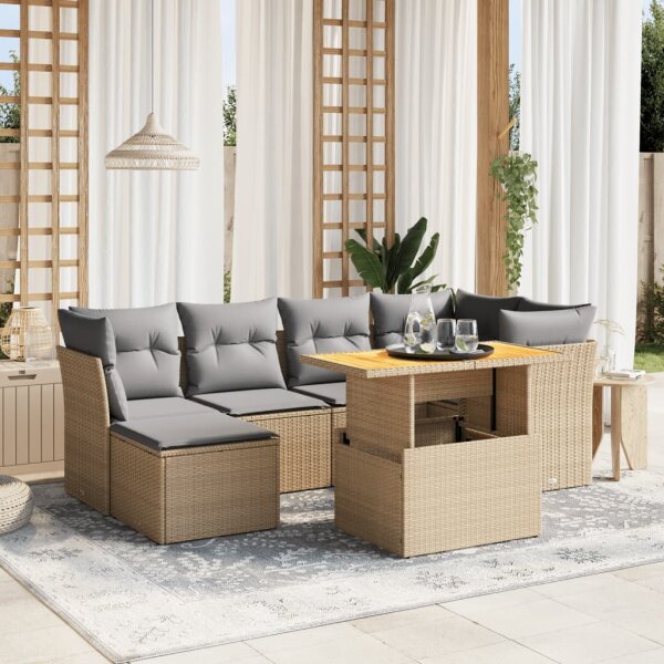 vidaXL 7-tlg. Garten-Sofagarnitur mit Kissen Beige Poly Rattan