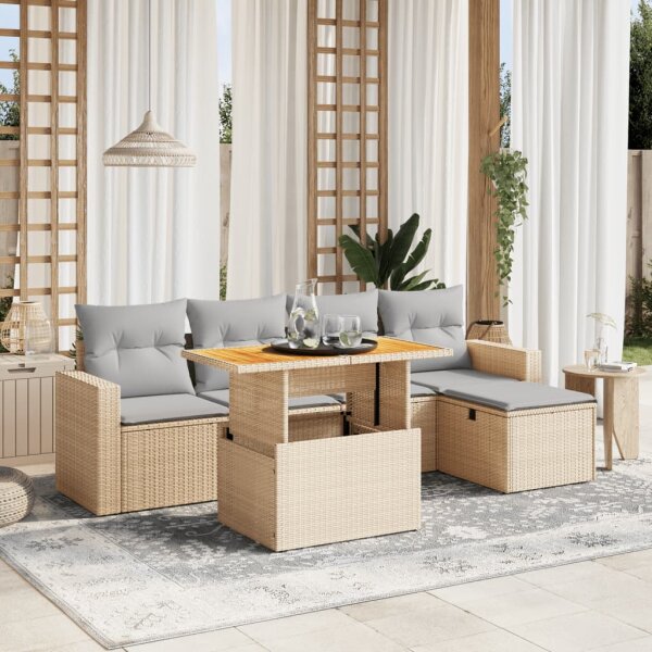 vidaXL 6-tlg. Garten-Sofagarnitur mit Kissen Beige Poly Rattan