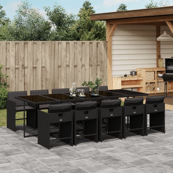 vidaXL 11-tlg. Garten-Essgruppe mit Kissen Schwarz Poly Rattan