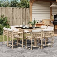 vidaXL 9-tlg. Garten-Essgruppe mit Kissen Beige Poly Rattan