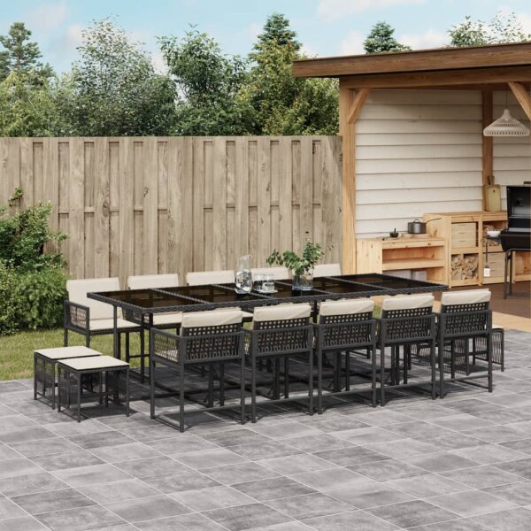 vidaXL 15-tlg. Garten-Essgruppe mit Kissen Schwarz Poly Rattan