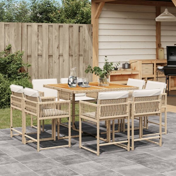 vidaXL 9-tlg. Garten-Essgruppe mit Kissen Beige Poly Rattan