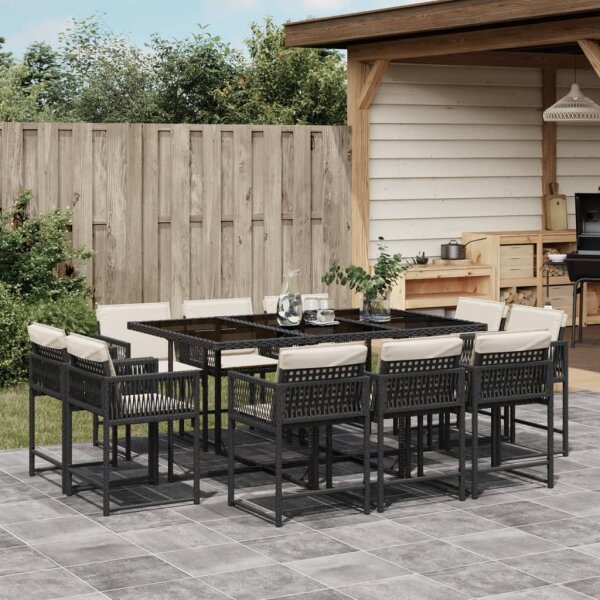 vidaXL 11-tlg. Garten-Essgruppe mit Kissen Schwarz Poly Rattan