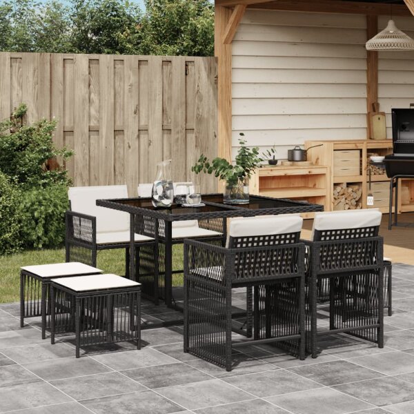 vidaXL 9-tlg. Garten-Essgruppe mit Kissen Schwarz Poly Rattan