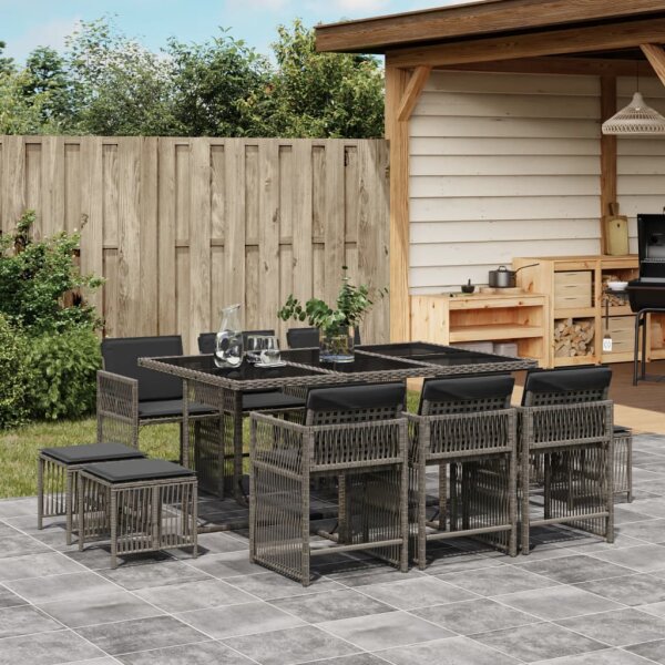 vidaXL 11-tlg. Garten-Essgruppe mit Kissen Grau Poly Rattan