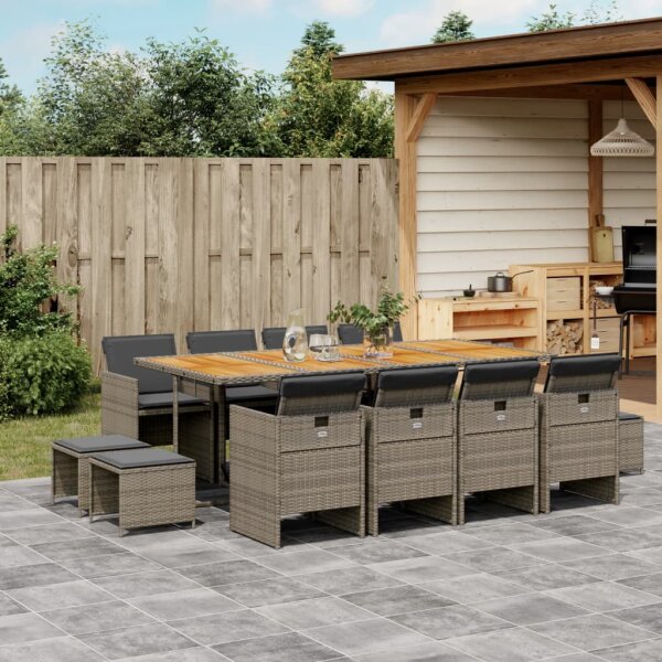 vidaXL 13-tlg. Garten-Essgruppe mit Kissen Grau Poly Rattan