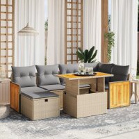 vidaXL 7-tlg. Garten-Sofagarnitur mit Kissen Beige Poly Rattan