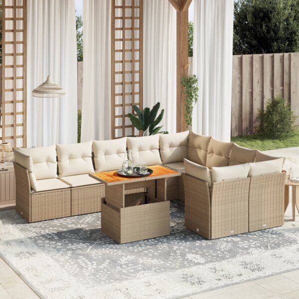 vidaXL 10-tlg. Garten-Sofagarnitur mit Kissen Beige Poly Rattan