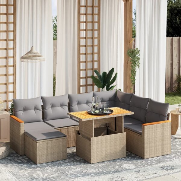 vidaXL 8-tlg. Garten-Sofagarnitur mit Kissen Beige Poly Rattan