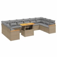 vidaXL 11-tlg. Garten-Sofagarnitur mit Kissen Beige Poly Rattan