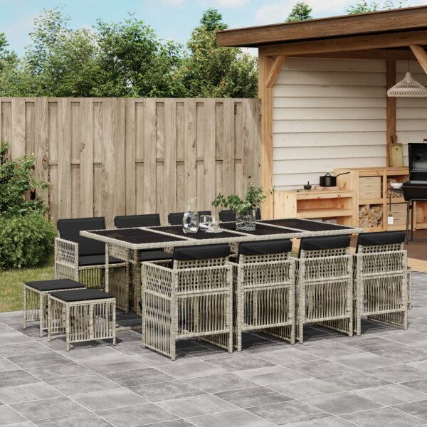 vidaXL 13-tlg. Garten-Essgruppe mit Kissen Hellgrau Poly Rattan