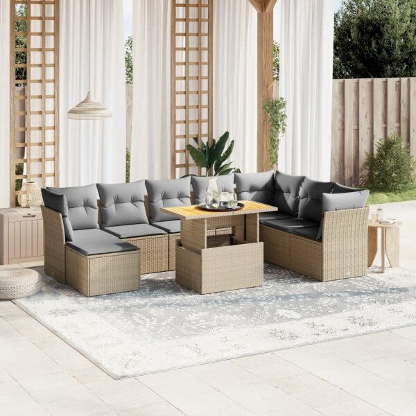 vidaXL 9-tlg. Garten-Sofagarnitur mit Kissen Beige Poly Rattan