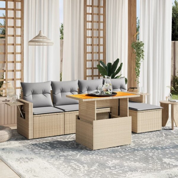 vidaXL 6-tlg. Garten-Sofagarnitur mit Kissen Beige Poly Rattan