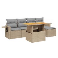 vidaXL 6-tlg. Garten-Sofagarnitur mit Kissen Beige Poly Rattan